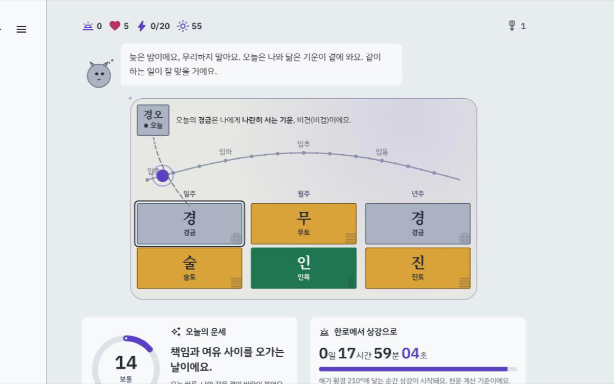 오늘의 기운과 사주 차트를 보여주는 오행박사 화면